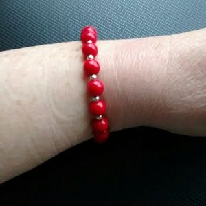 Red & Silver Tone Bead Stretch Bracelet